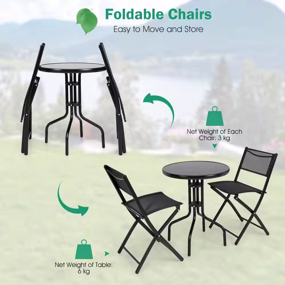 None Black 3-Piece Metal Outdoor Bistro Set Classic Leisure Bistro Set with Tempered Glass Table Top