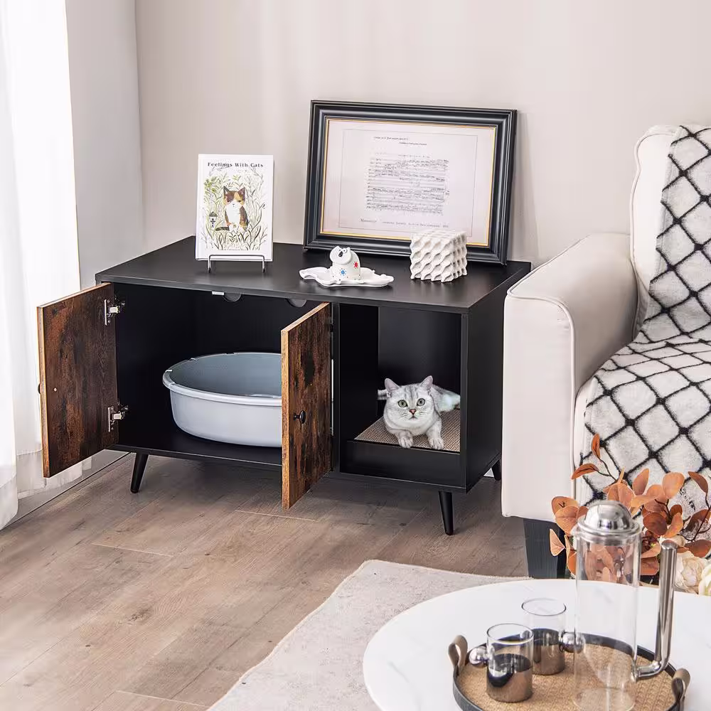 None 35 1/2 in. x 20 in. MDF Cat Litter Box Enclosure in Black and Brown