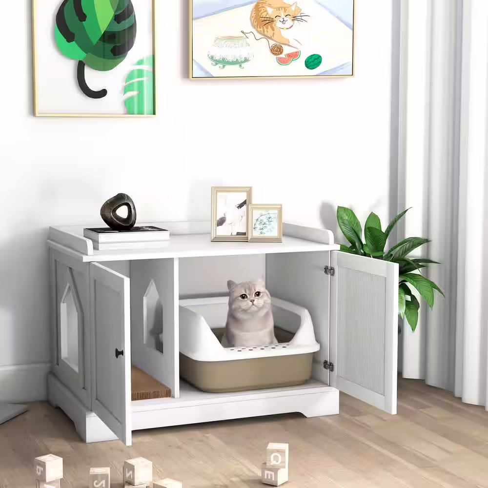 None 29 1/2 in. W x 20 in. White MDF Cat Litter Box Enclosure with Scratch Pad