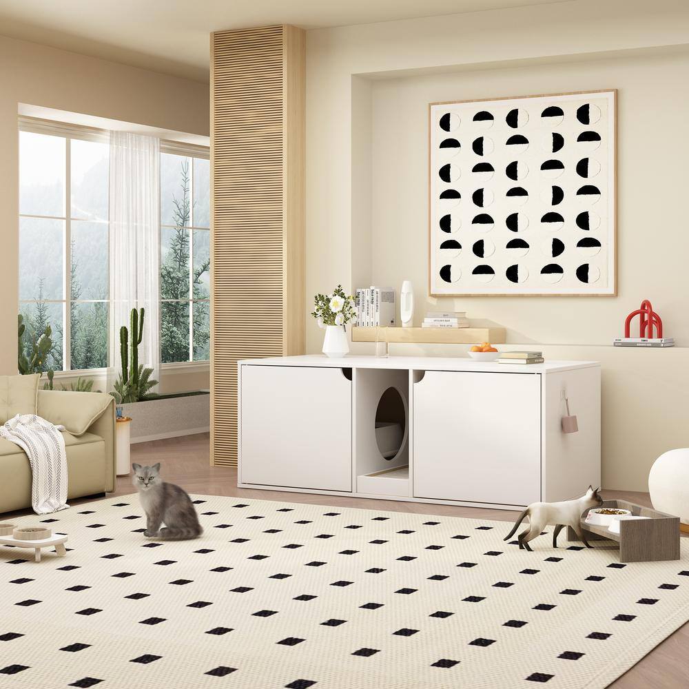 FUFU&GAGA Hidden Cat Litter Box Enclosure Furniture, Cat Washroom End Table with Double Room and Litter Catch, Log with White