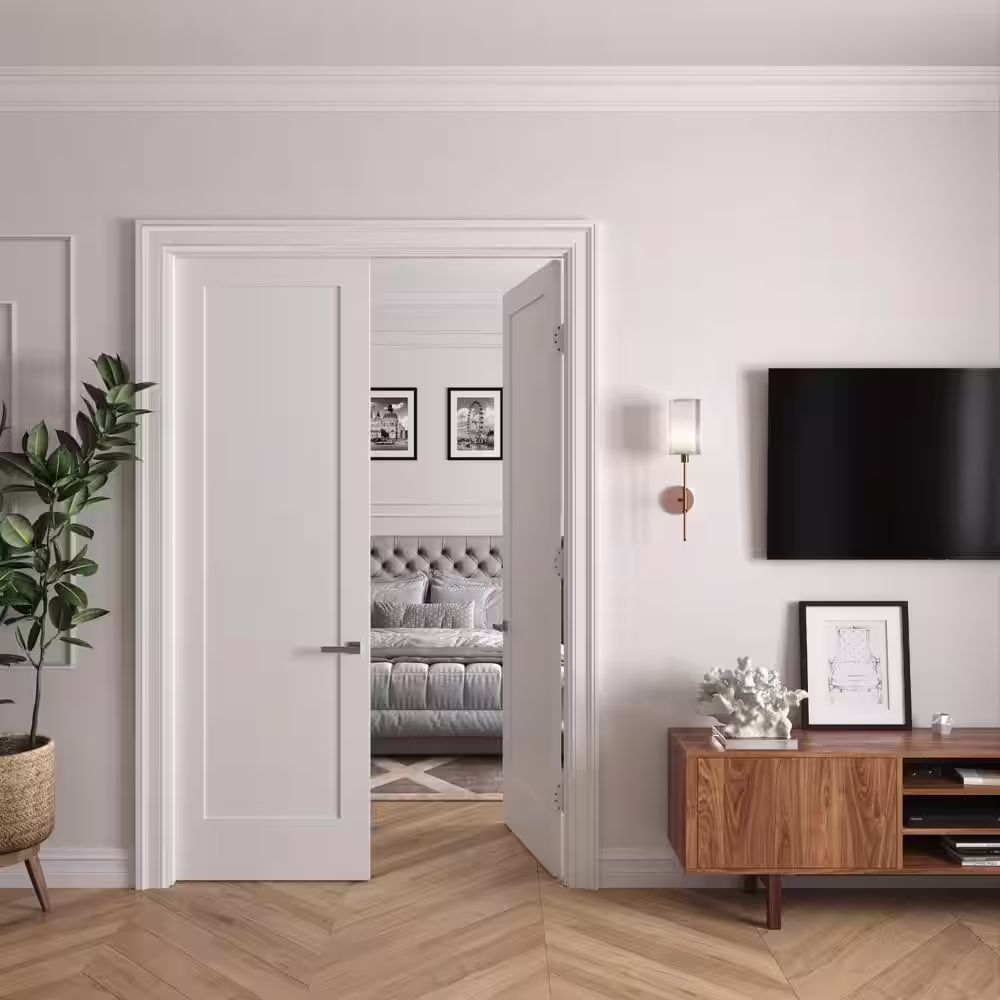 RESO 56 In. x 96 In.Bi-Parting Solid Core Primed White Composite Double Pre-hung French Door Catch Ball Satin Nickel Hinges