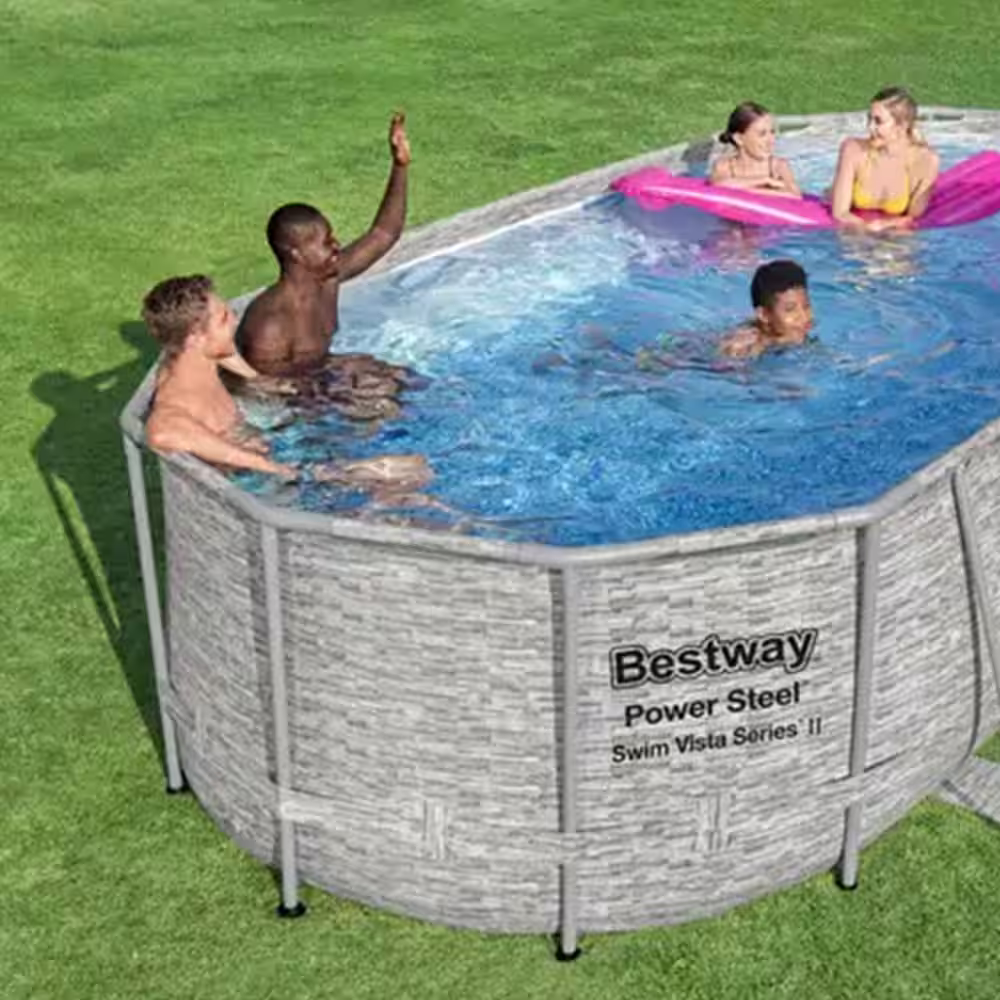 Bestway Swim Vista 18 ft. x 9 ft. Oval 48 in. Deep Metal Frame Above Ground Swimming Pool Set