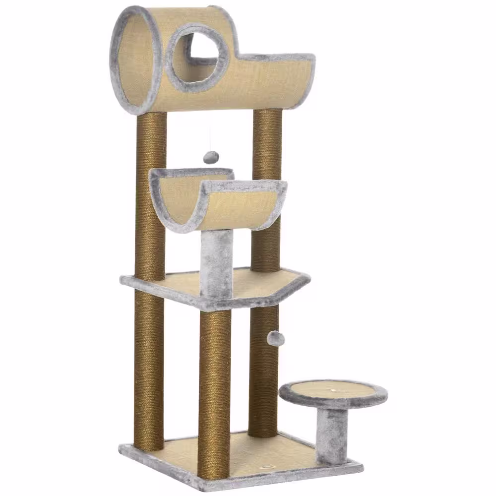 PawHut 48 in. H Fun Cat Tree with Scratching Posts, Small Cat Tower, Cat Tunnel Bed Activity Center Climbing Toy