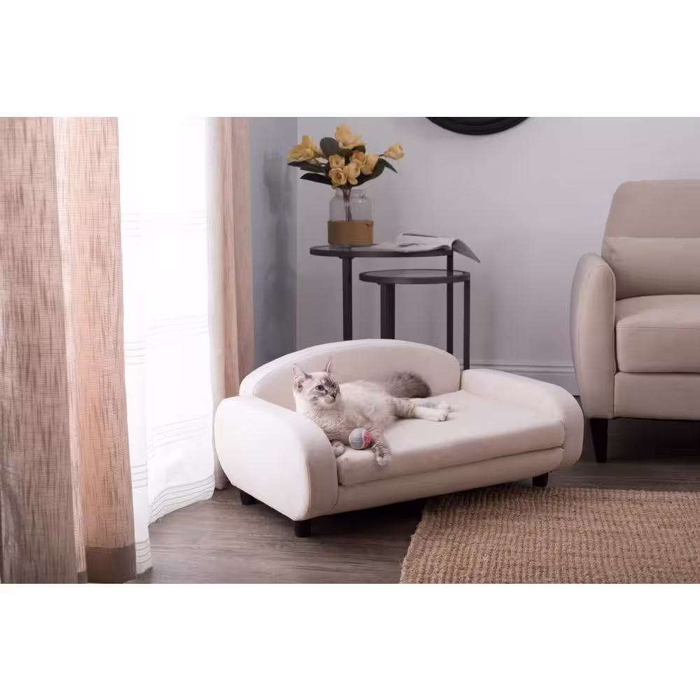 Paws & Purrs 31.5 in. Modern Pet Sofa for Small to Medium Dog or Cat in White Oatmeal with Removable/Washable Mattress Bed