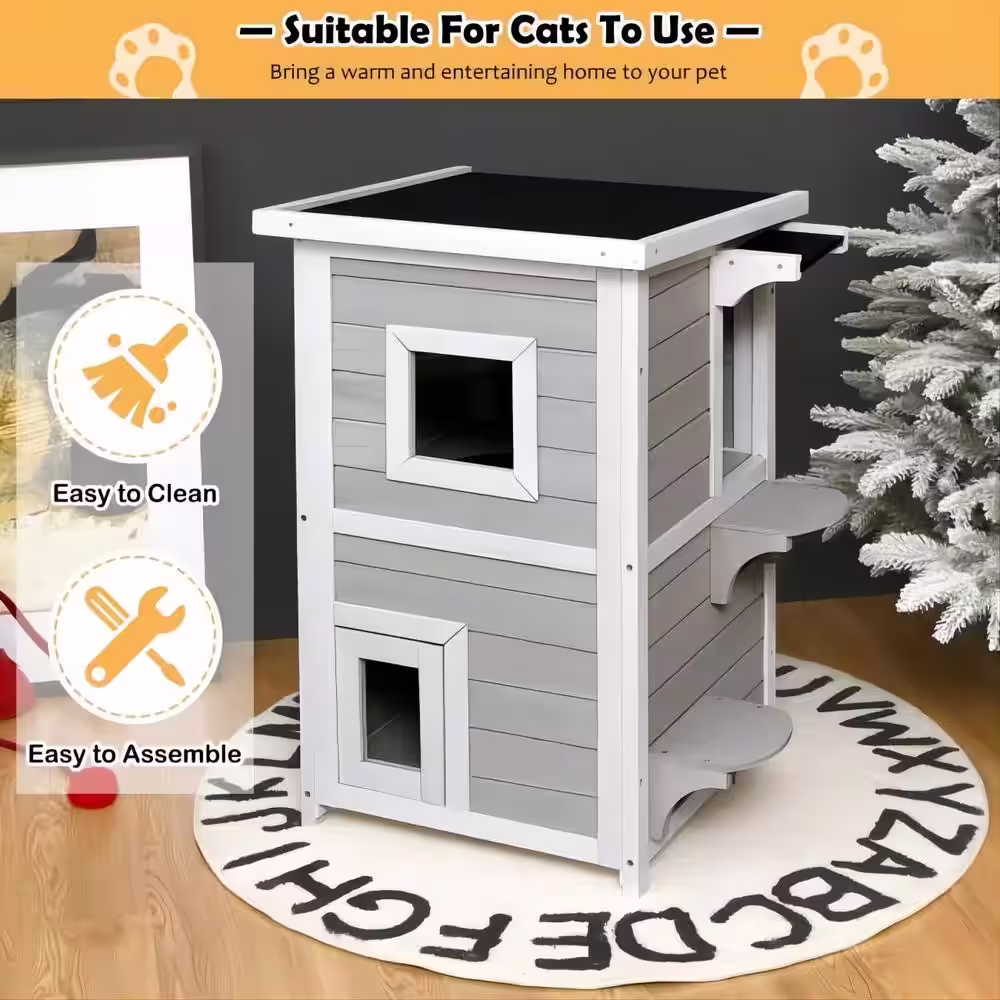 None 2-Tier Rainproof Wooden Cat House with Escape Door