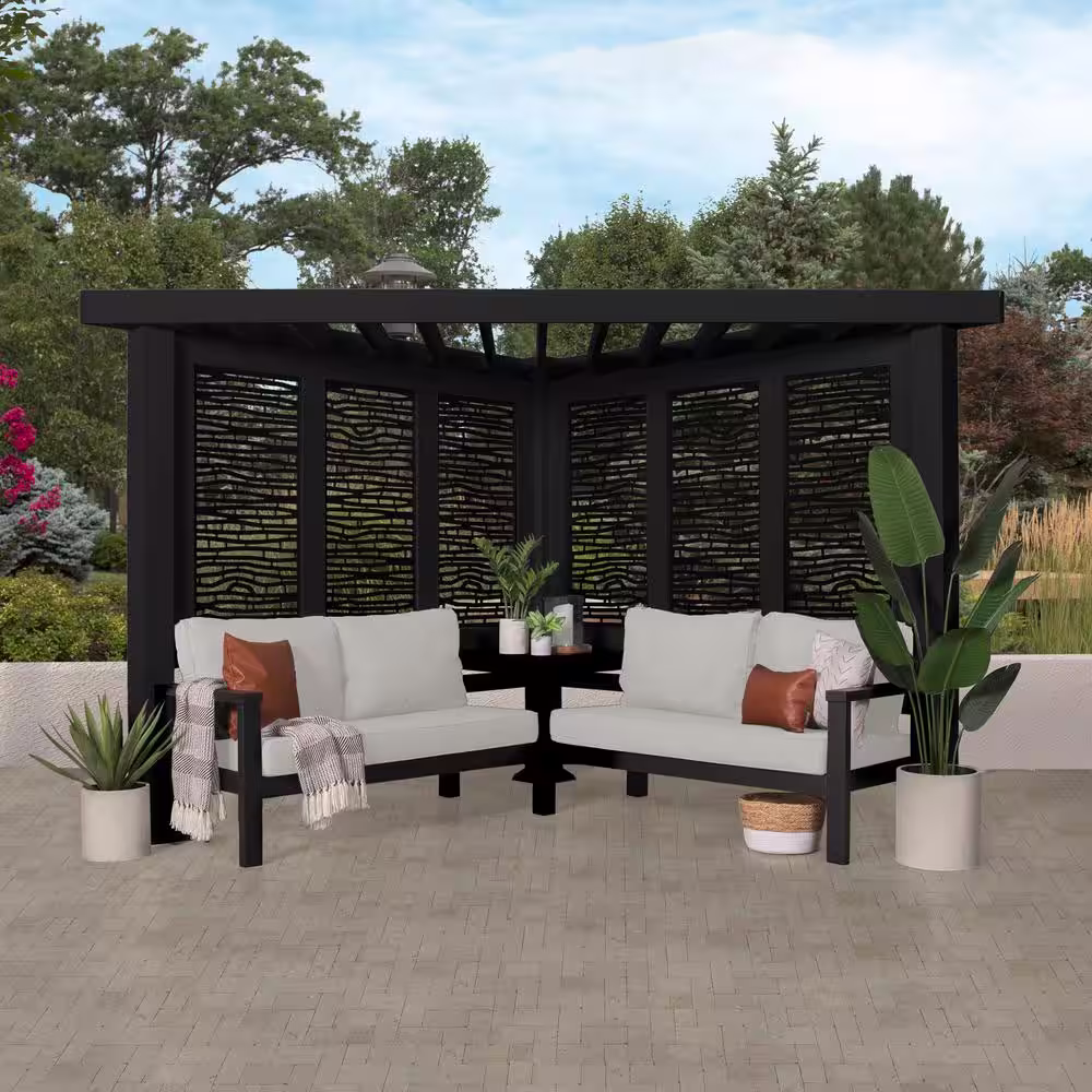 Backyard Discovery Glendale 8 ft. x 8 ft. Black Steel Modern Cabana Pergola with Conversation Seating in Pumice