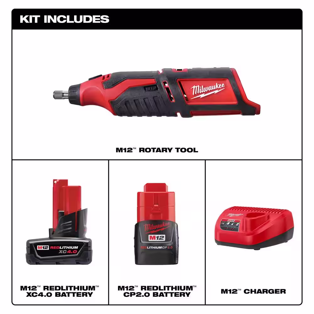 Milwaukee M12 12V Lithium-Ion Cordless Rotary Tool with One M12 4.0 Ah and One M12 2.0 Ah Battery Pack and Charger