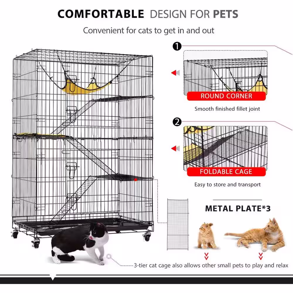 VIVOHOME 4-Tier 49 in. Metal Collapsible Cat Cage with Ramp Ladders Hammock and Bed