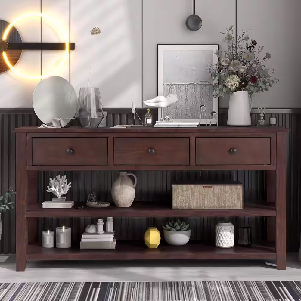 URTR 50 in.Espresso Rectangle Wood Long Console Table with Drawers and 2-Tier Shelves, 3 Drawers Sofa Table