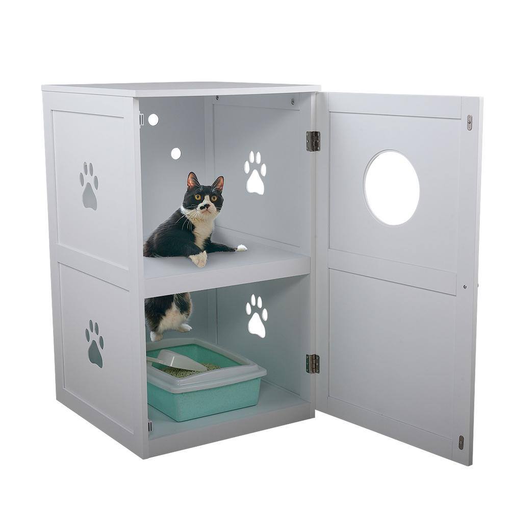 COZIWOW 2-Tier Wood Cat House Washroom Litter Box Cover with Openable Door, White