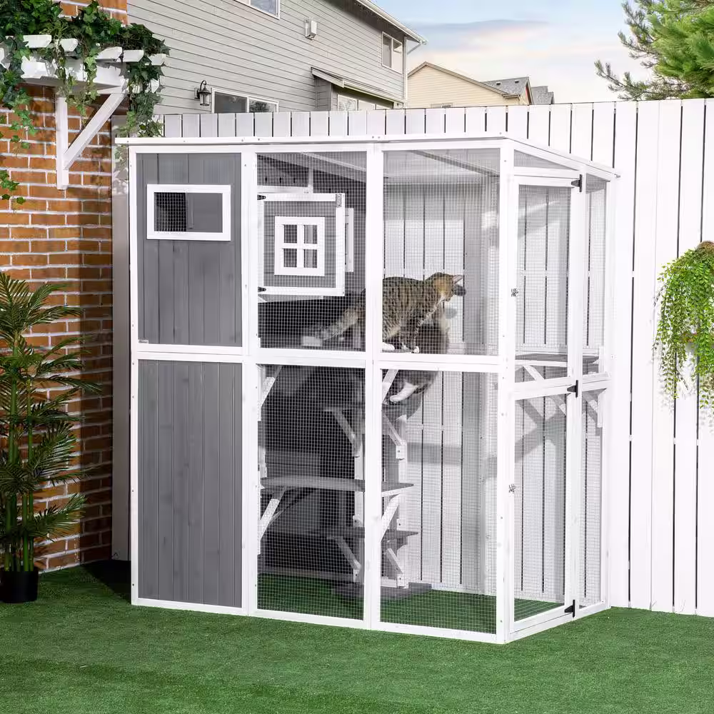 PawHut Walk-in Catio Outdoor Cat Enclosure Large for Multiple Cats of Any Size, 7 Jumping Platforms & Divided Den, Gray