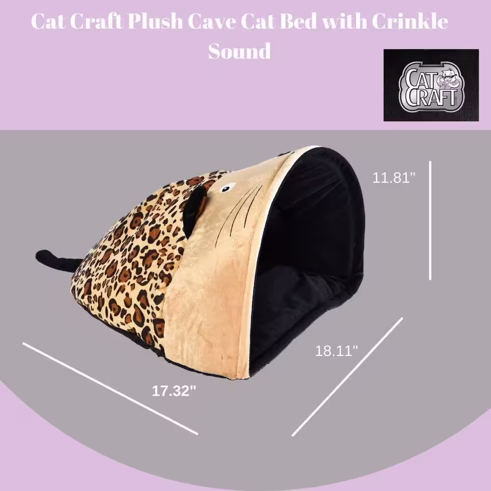 None Plush Cave Cat Bed with Crinkle Sound, Cheetah