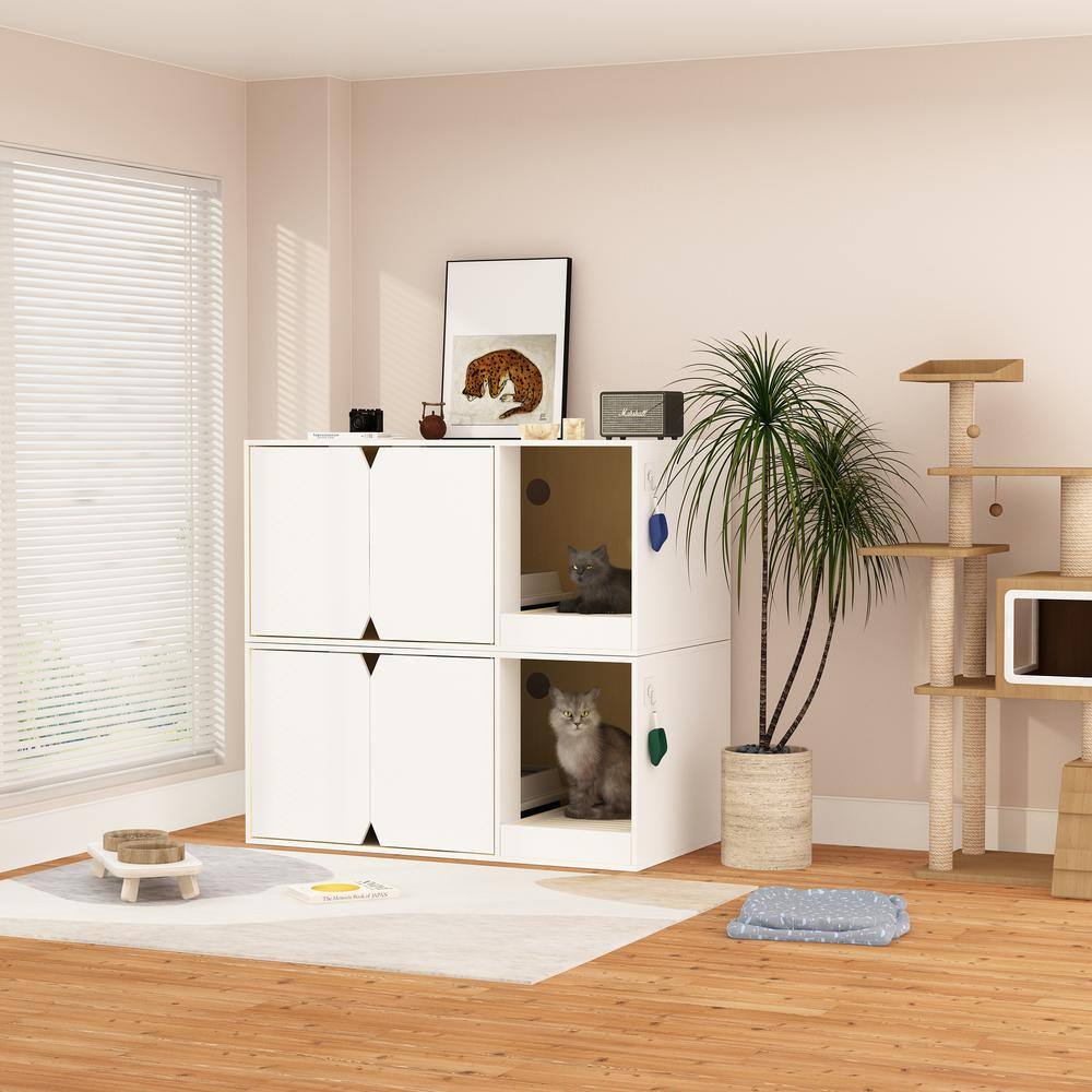 None Modern Cat Litter Box Enclosure, Large Stackable Cat Washroom Storage Cabinet with Litter Catch Box, Log with White