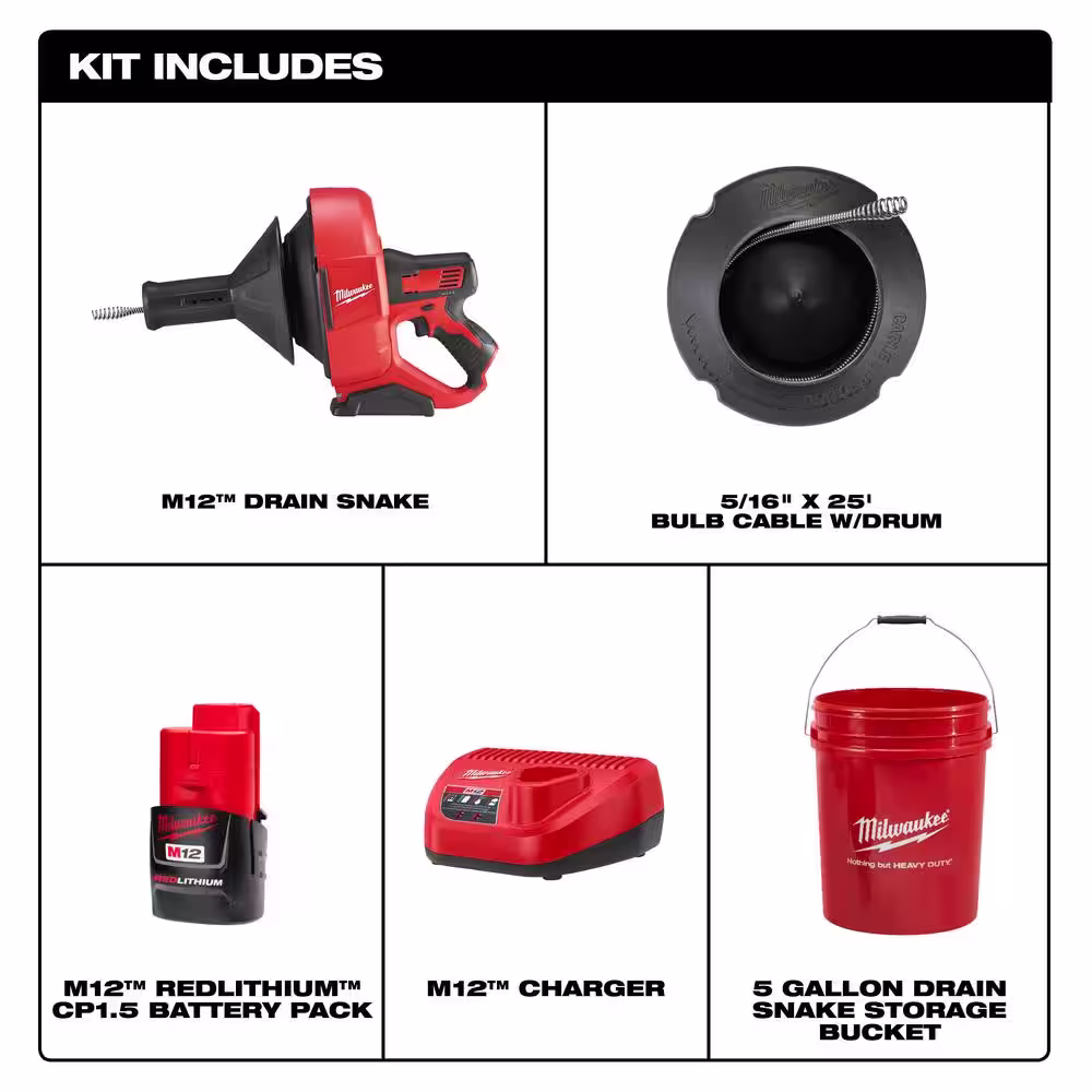 Milwaukee M12 12-V Lithium-Ion Cordless Drain Snake Auger Kit w/5/16 in. x 25 ft. Cable & M12 High Output 2.5 Ah Battery