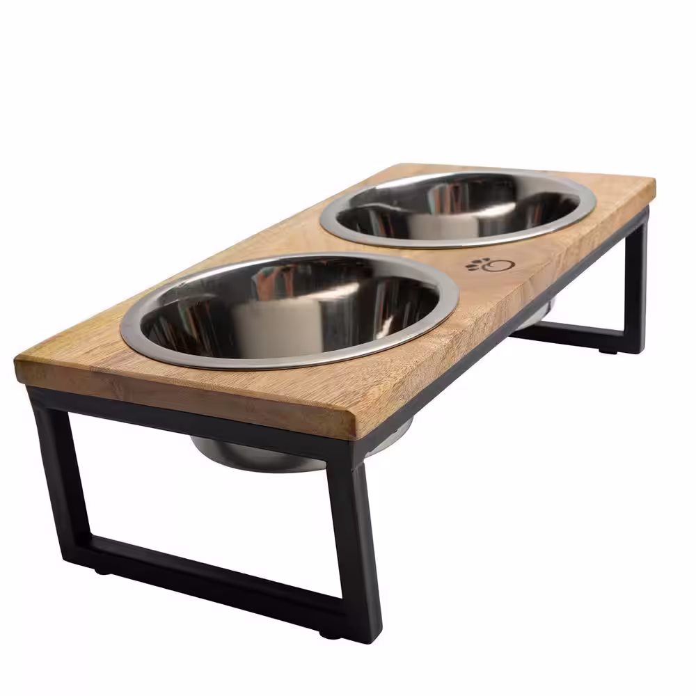 None Large Elevated Feeder for Pets in Mango Wood and Metal