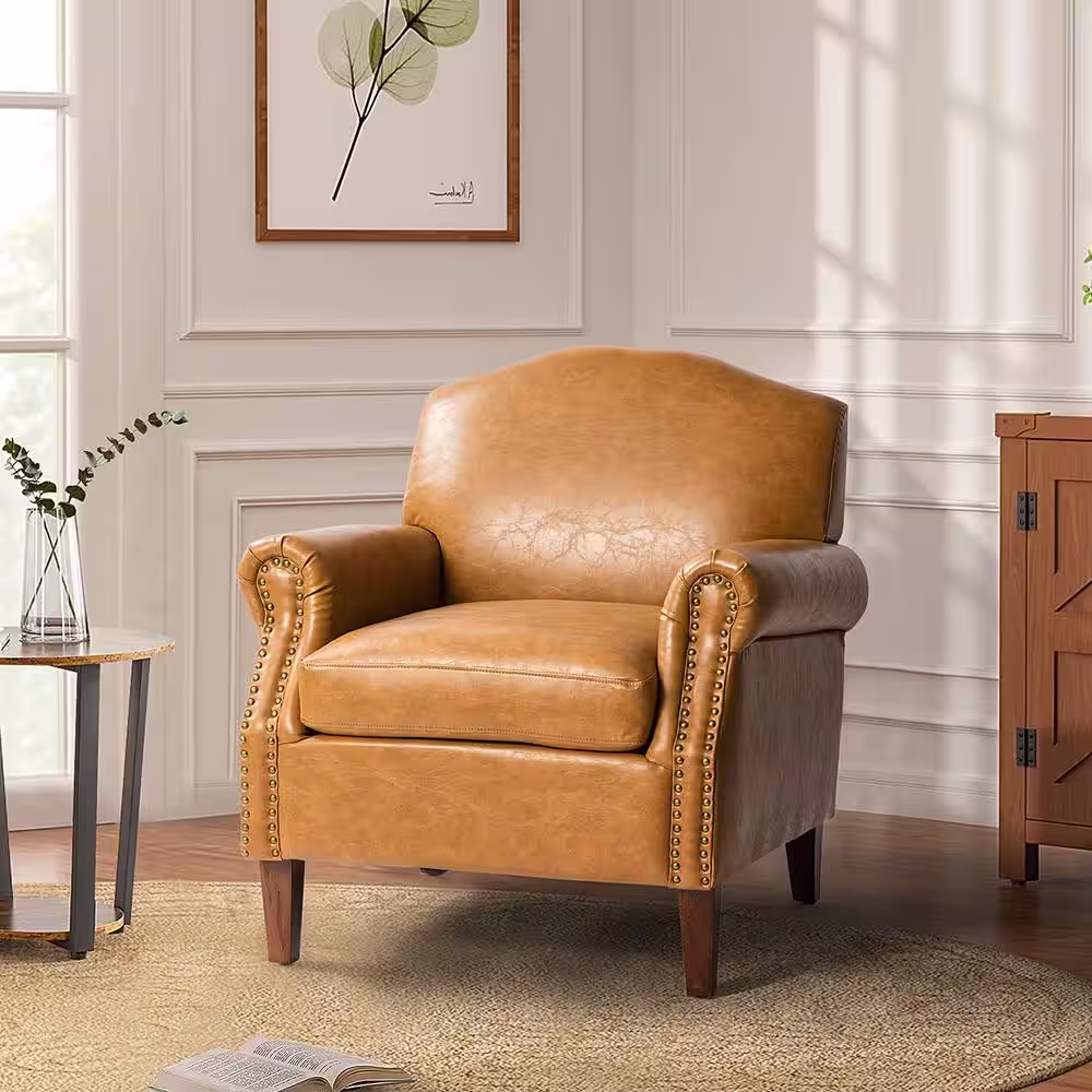 JAYDEN CREATION Gianluigi Camel Vegan Leather Armchair with Rolled Arms and Nailhead Trim