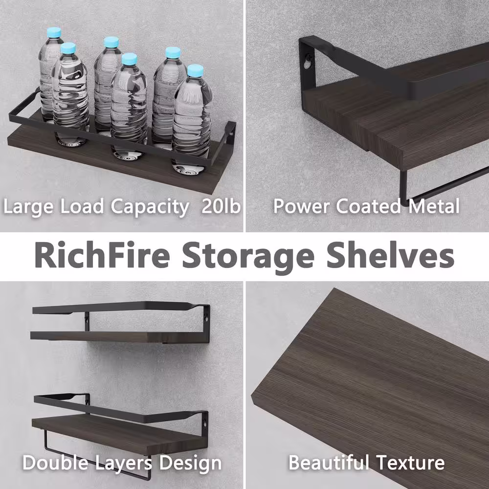 None Floating Shelves Set of 2, Dark Brown Shelves for Wall Decorï¼?Bathroom Shelves, Wall Shelves with Towel Bar
