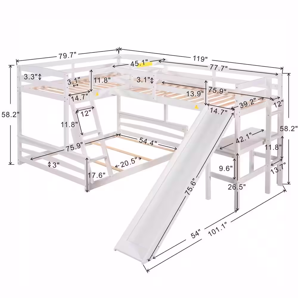 Harper & Bright Designs L-Shaped White Twin Over Full Triple Bunk Bed with Ladder, Slide and Desk