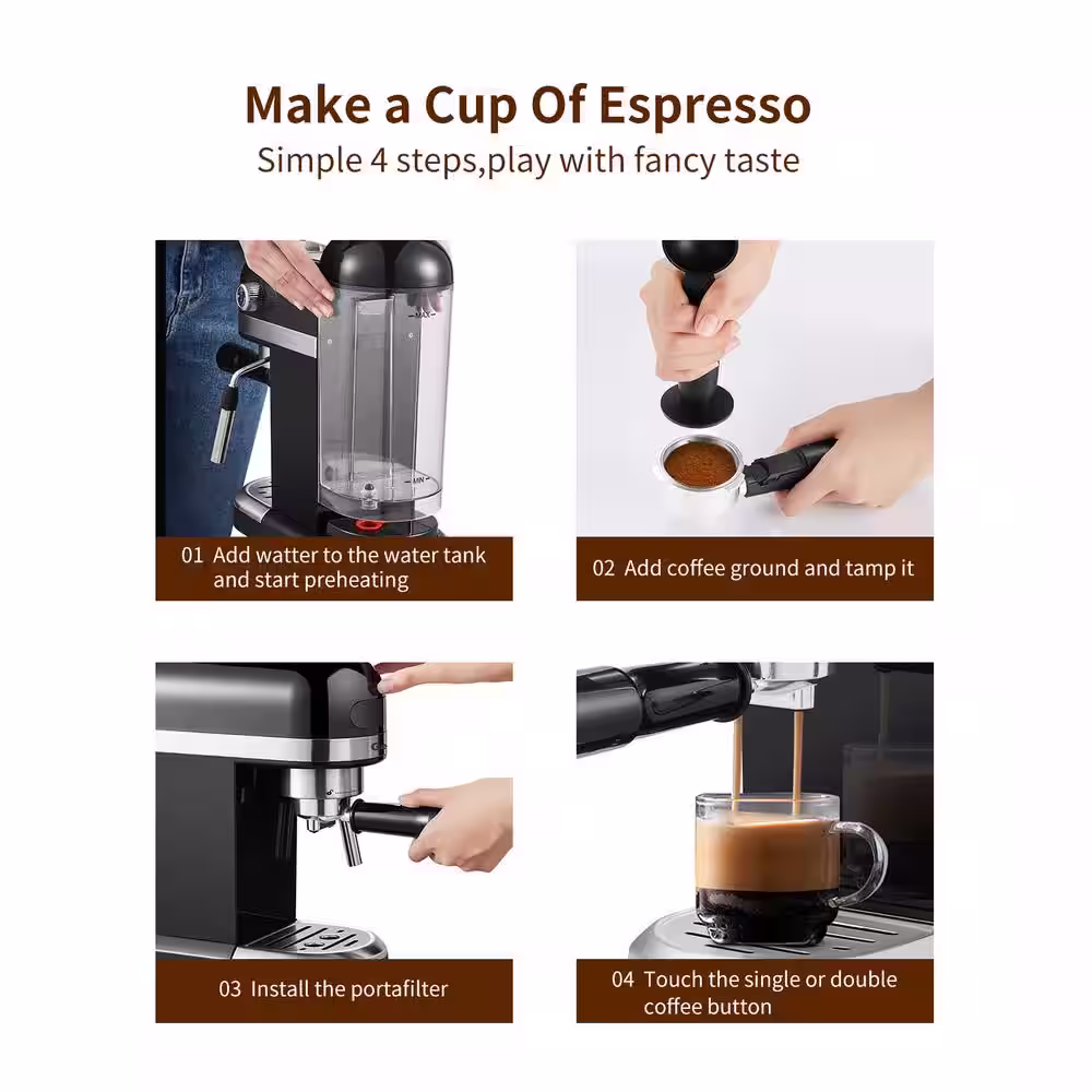 None 1350-Watt 2-Cup Black Espresso Machine 20-Bar Compact Coffee Maker with Milk Frother Steam Wand and 1.4 l Water Tank