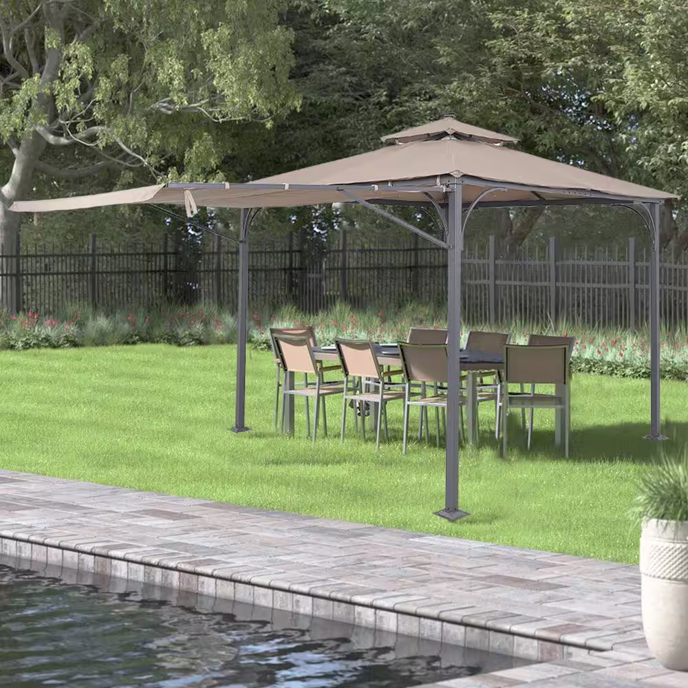 Tunearary 9.1 ft. H Brown Outdoor Gazebo with Extended Side Canopy, Awning and LED Lights for Backyard, Pool, Patio
