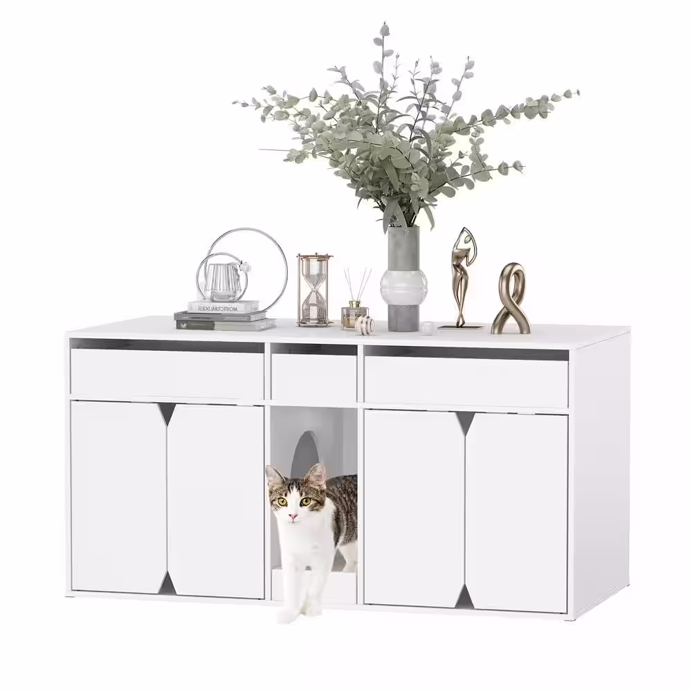None 43.3 in. Double Hidden Litter Box Furniture with 4-Doors and Litter Filter, Cat Washroom with Storage Space for 2 Cats
