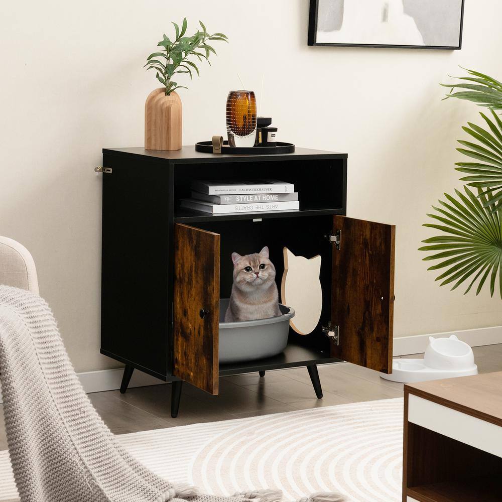 ANGELES HOME 24 in. W x 18 in. Industrial Brown Black MDF Cat Litter Box Enclosure