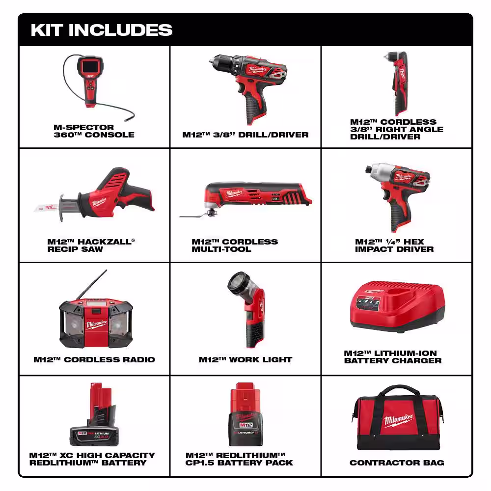 Milwaukee M12 12V Lithium-Ion Cordless Combo Tool Kit (8-Tool) w/(2) 1.5Ah and (1) 3.0Ah Batteries, (1) Charger, (1) Tool Bag