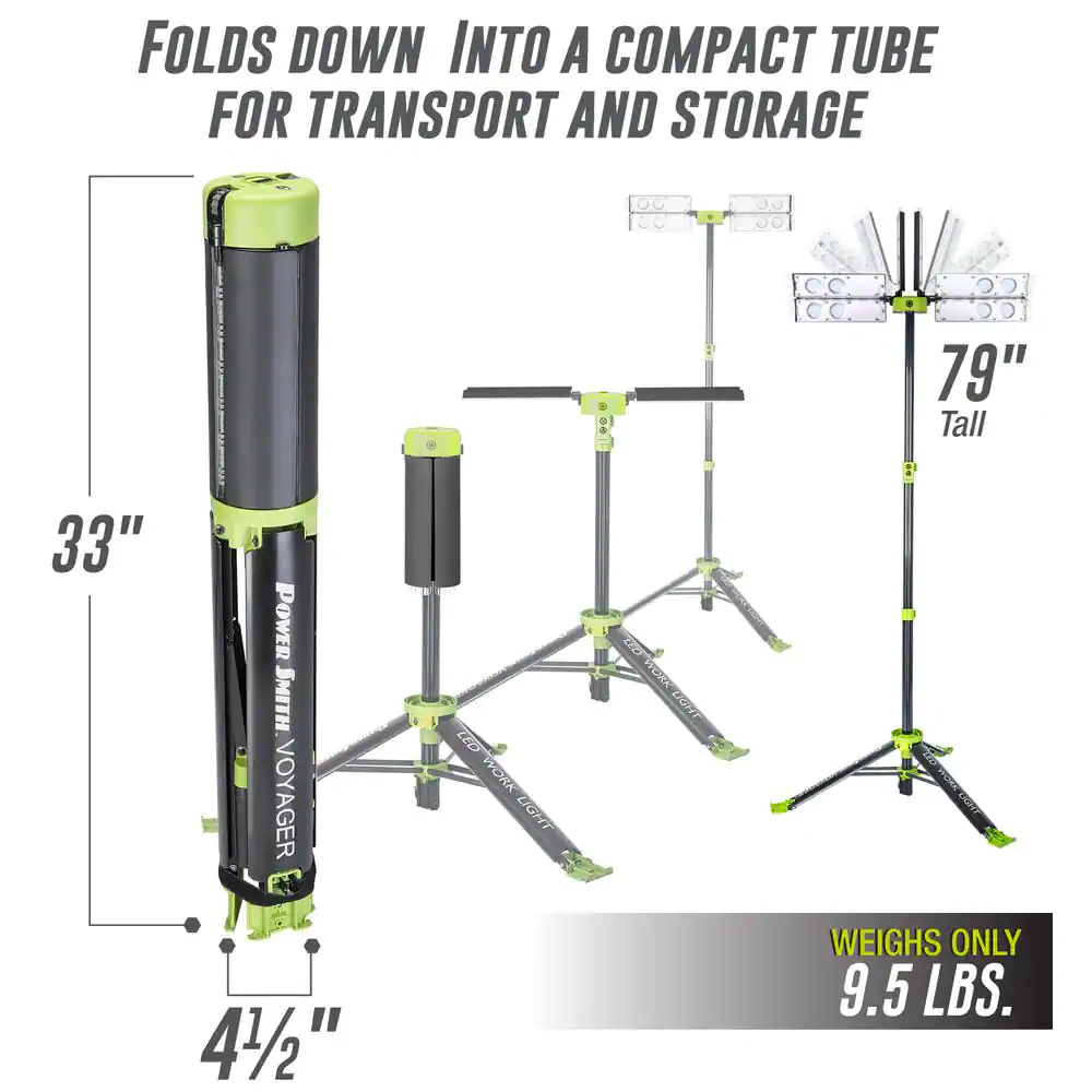 PowerSmith Voyager 8000 Lumen Collapsible Cordless Tripod LED Work Light w/ Battery, Charger, Bag and remote, Optional 3-Way Power