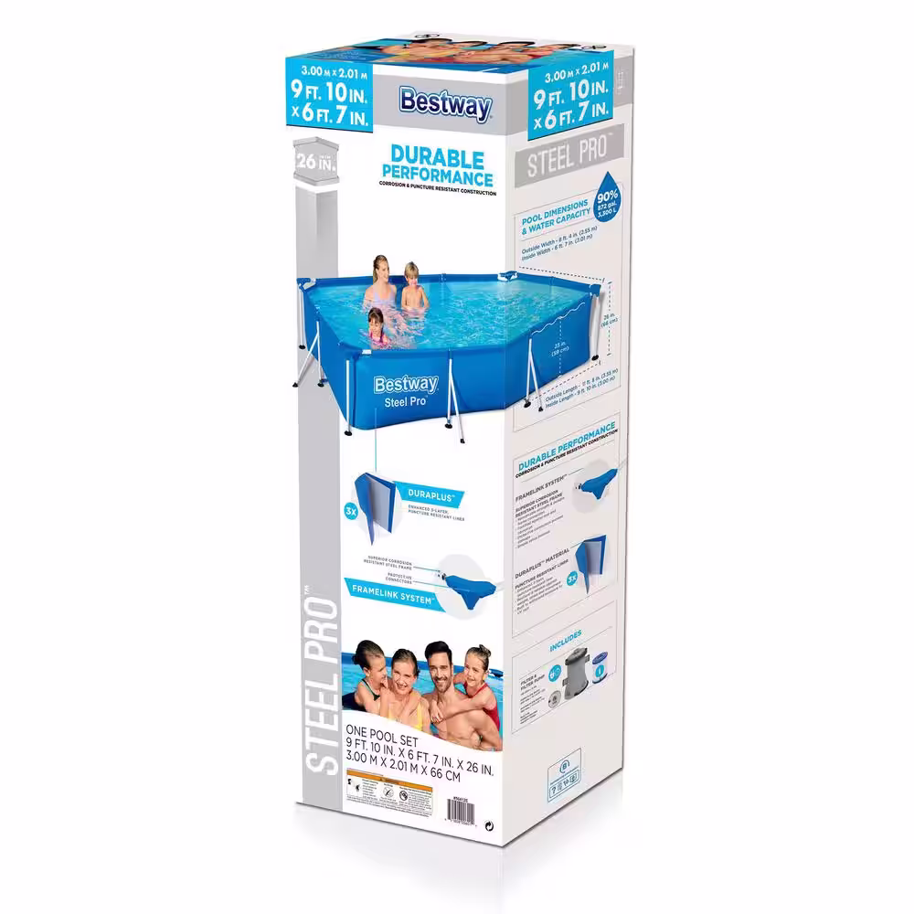 Bestway 9.8 ft. x 6.6 ft. Rectangular 26 in. Metal Frame Above Ground Swimming Pool Set