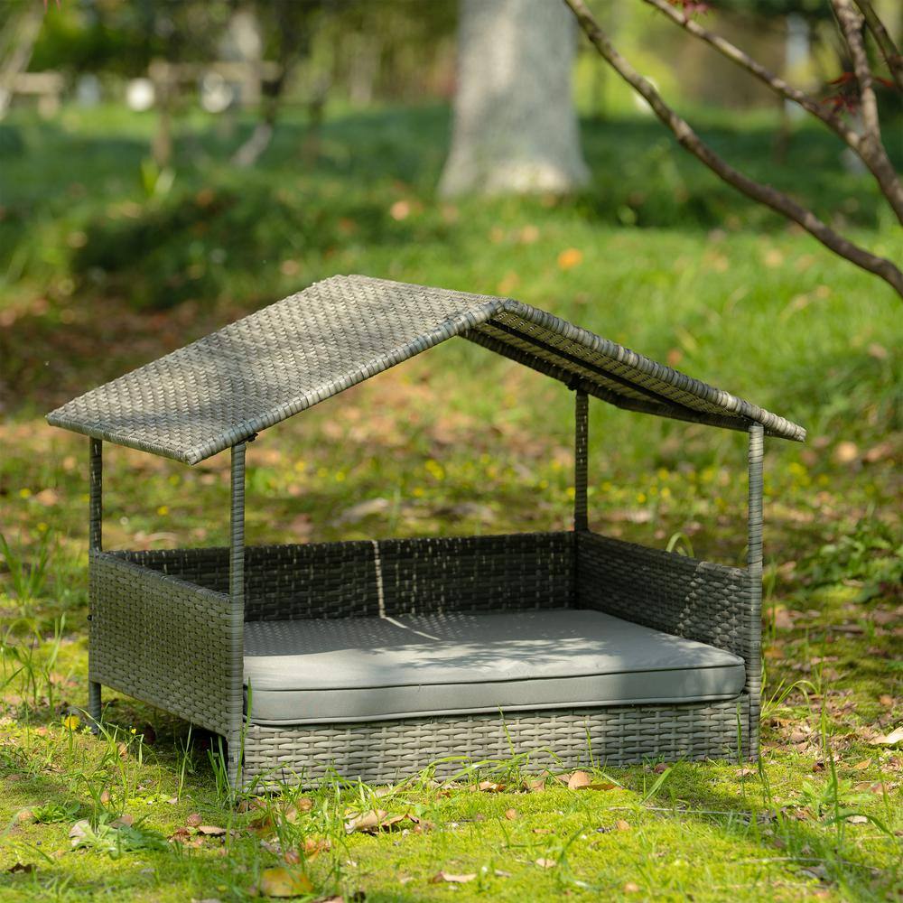 None Dark Gray Medium Outdoor Furniture Pet Patio Furniture Seasonal PE Wicker Pet Furniture Dog Bed with Canopy