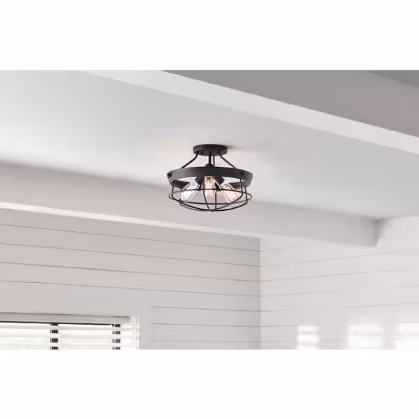 Hampton Bay Southbourne 15.5 in. 3-Light Matte Black Rustic Farmhouse Semi-Flush Mount