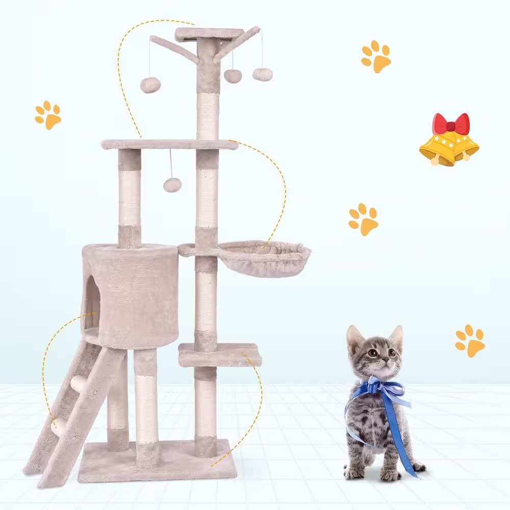 WELLFOR Beige Cat Trees and Scratch Posts Furniture Cover Kitten Climbing Tower Cat Condo with Sisal-Covered Posts and Ladder