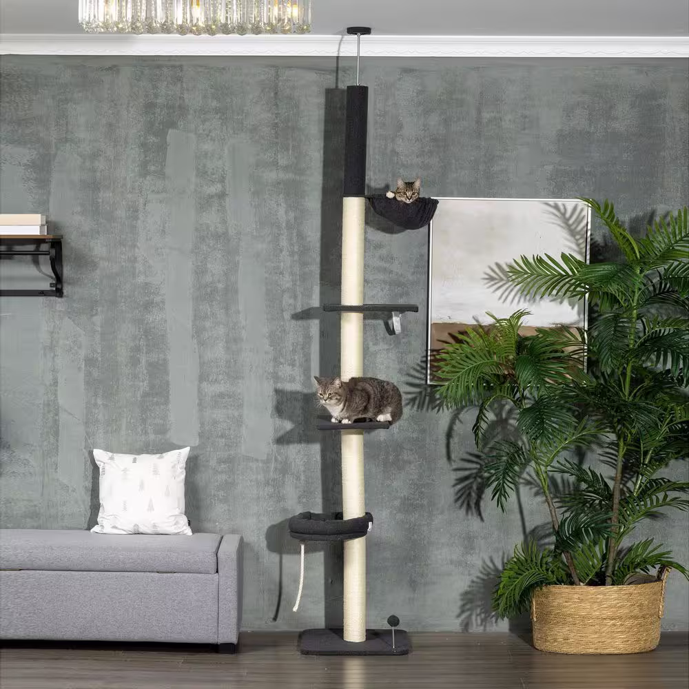 PawHut Cat Tree, Height Adjustable W/Carpeted Platforms, Cozy Bed, Scratching Post and Toy Ball for Indoor Cats