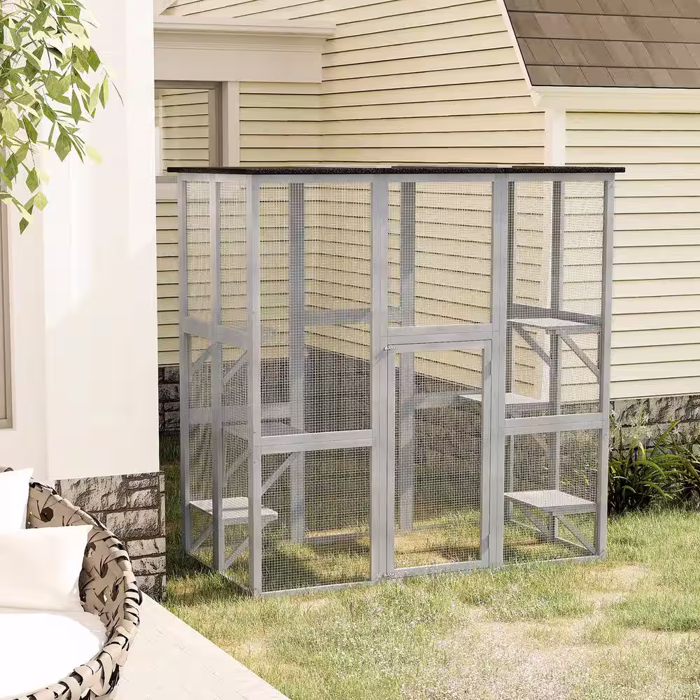 PawHut 71 in. L Large Grey Wooden Outdoor Cat House Catio Enclosure, Kitten Cage w/Weather Protection, Cat Patio w/ 6 Platforms