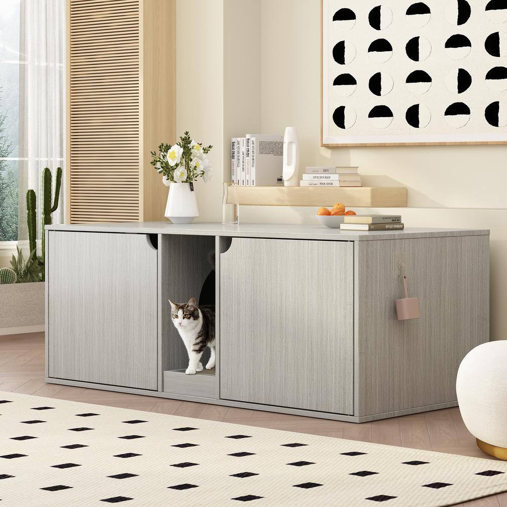 FUFU&GAGA Cat Litter Box Enclosure for 2 Cats, Indoor Wood Stackable Cat Washroom Storage Cabinet Bench End Table Furniture, Gray