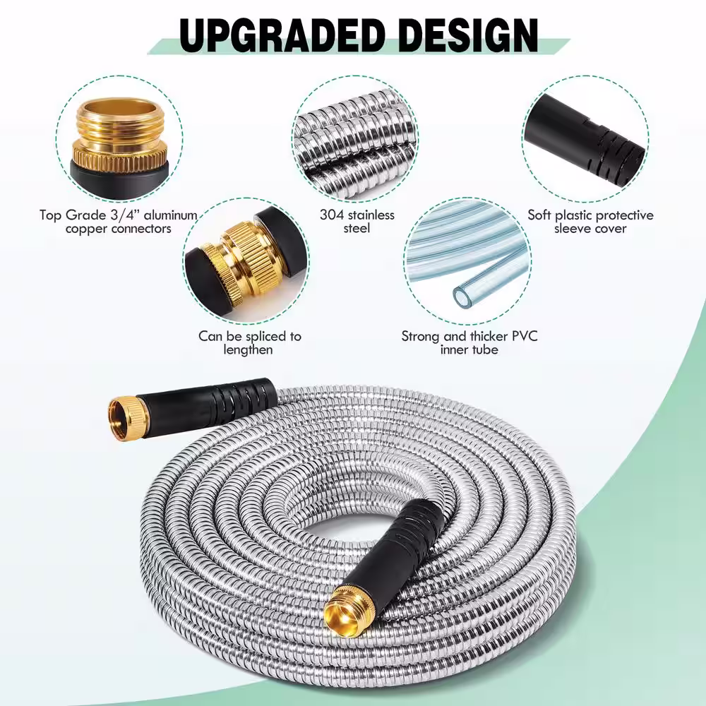 WeGuard 5/8 in. Dia. x 100 ft. Heavy Duty 304 Stainless Steel Metal Water Garden Hose with 10-Function Nozzle