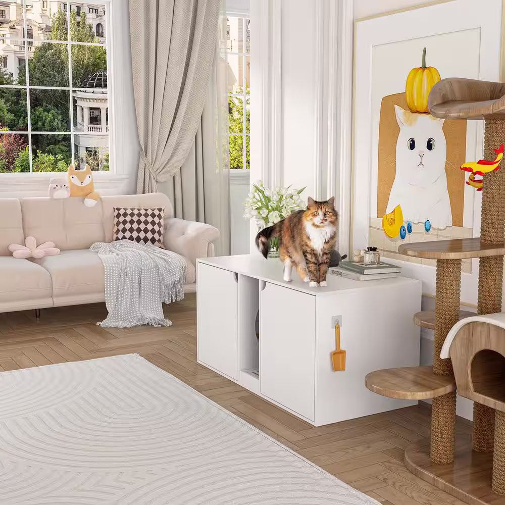 None Large Cat Litter Box Enclosure for 2 Cats, Indoor Wood Stackable Cat Washroom Cabinet Bench End Table Furniture, White