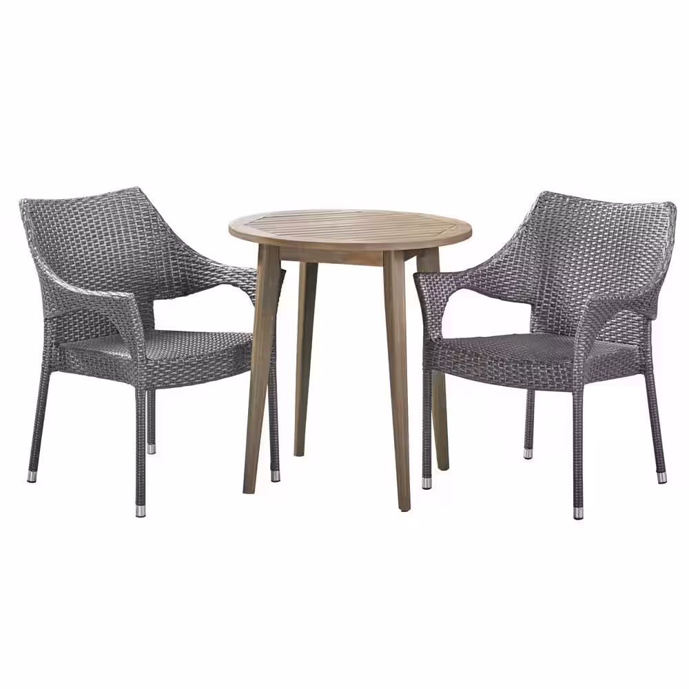 Noble House Louisa Gray 3-Piece Wood and Faux Rattan Outdoor Bistro Set