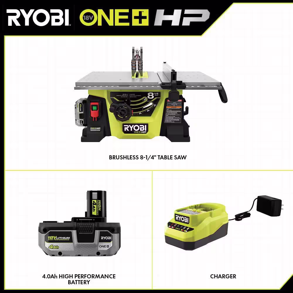 RYOBI ONE+ HP 18V Brushless Cordless 2-Tool Combo Kit with Table Saw, Miter Saw, (2) 4.0 Ah Batteries, and Charger