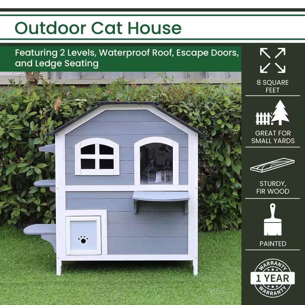 Hanover Outdoor Cat House with 2-Levels, Waterproof Roof, Escape Doors and Ledge Seating