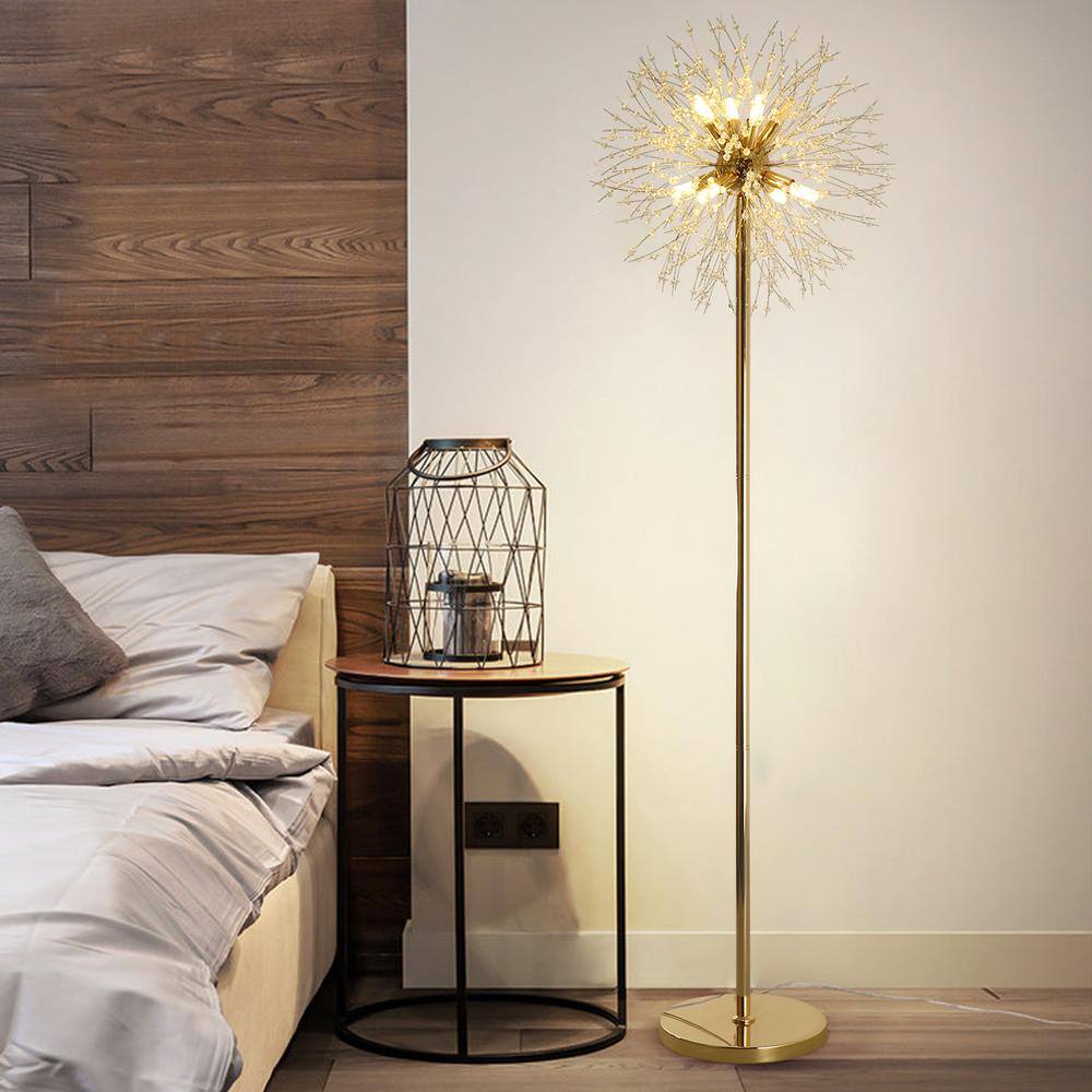 None 61 in. Gold 8-Light Standard LED Crystal Floor Lamp for Living Room G9 Bulbs