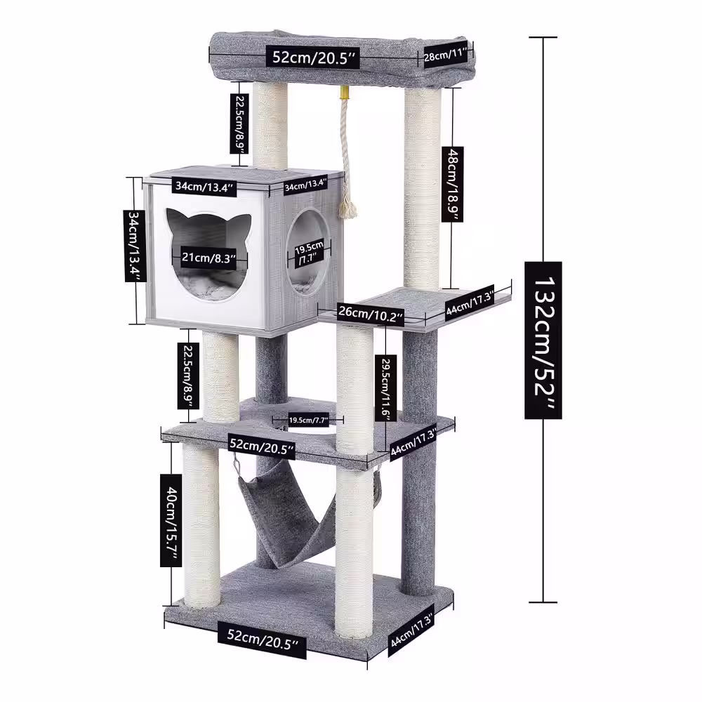 None Cat Tree 52 in. Multi-Level Modern Wooden Cat Tower with Hammock and Scratching Posts and Cat Condo Gray