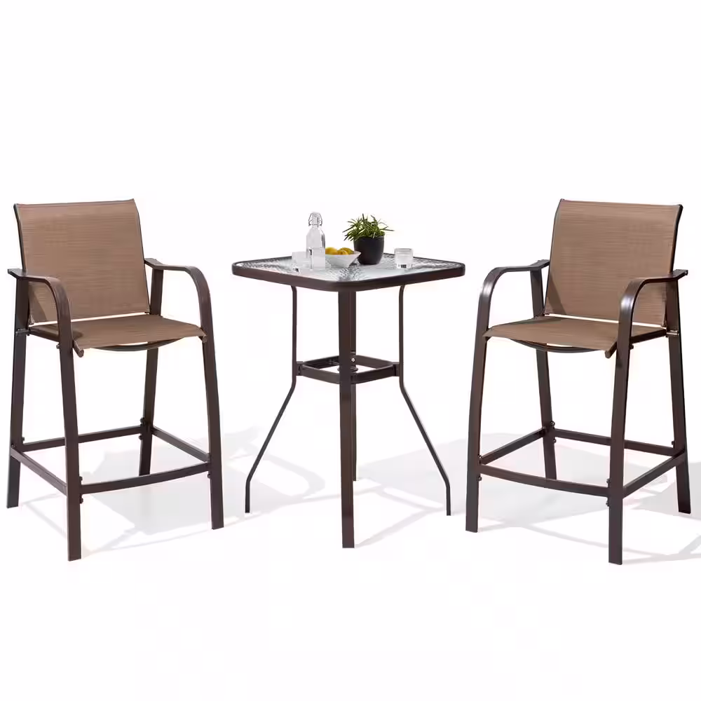 Crestlive Products 3-Piece Aluminum Outdoor Bar Set in Brown with Glass table