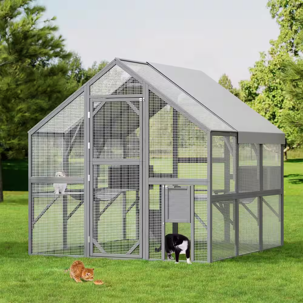 None 43 sq. ft. Large Wooden Outdoor Cat House, Cat Run Enclosure Walk in Cat Catio Kitten Condo with Enter Door, Roof Cover