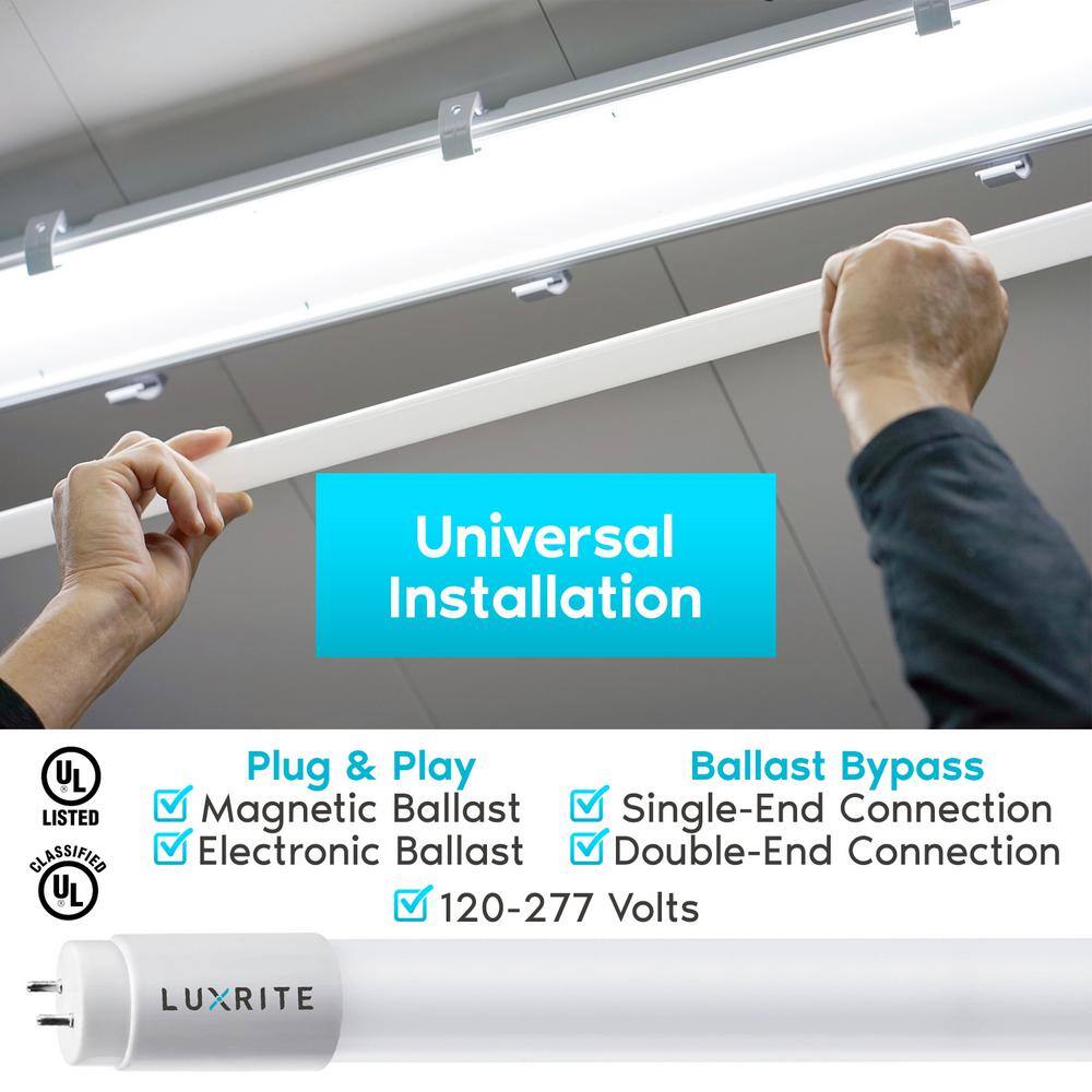 LUXRITE 13-Watt 4 ft. Linear T8 LED Tube Light Bulb Ballast and Ballast Bypass Compatible 4000K Cool White Damp Rated (25-Pack)