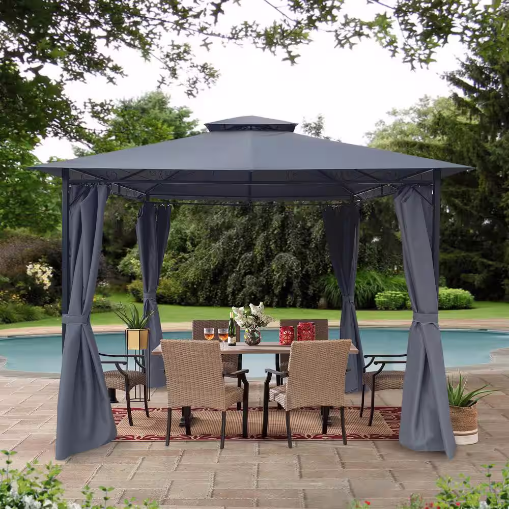 None 10 ft. x 10 ft. Grey Outdoor Patio Canopy Gazebo Tent with Curtains and Double Roof