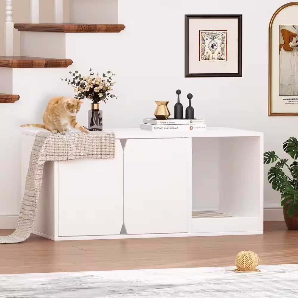 None Cat Hidden Litter Box Enclosure Cabinet, Indoor Modern Wood Large Stackable Cat Washroom Storage Cabinet, White