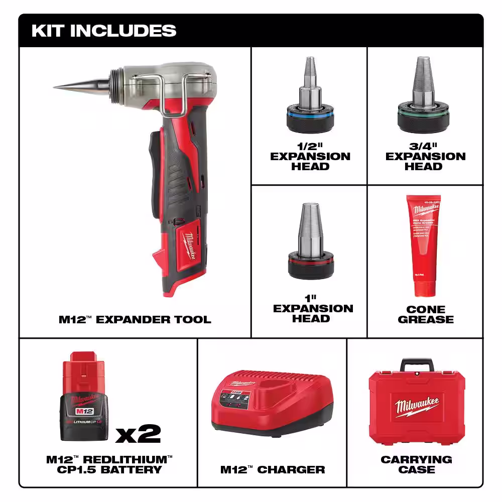 Milwaukee M12 12-Volt Lithium-Ion Cordless PEX Expansion Tool Kit with (2) 1.5 Ah Batteries, (3) Expansion Heads and Hard Case