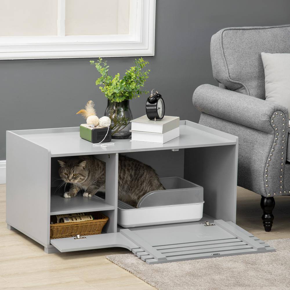 PawHut Grey 36 in. x 19 in. x 17 in. Cat Litter Box Enclosure, HiddenCat Washroom with Hidden Storage Cabinet Space