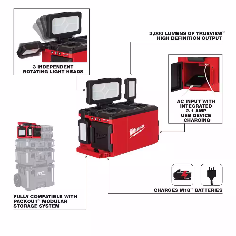 Milwaukee M18 18-Volt Lithium-Ion Cordless PACKOUT 3000 Lumens LED Light with Built-In Charger with (1) 5.0 Ah Battery